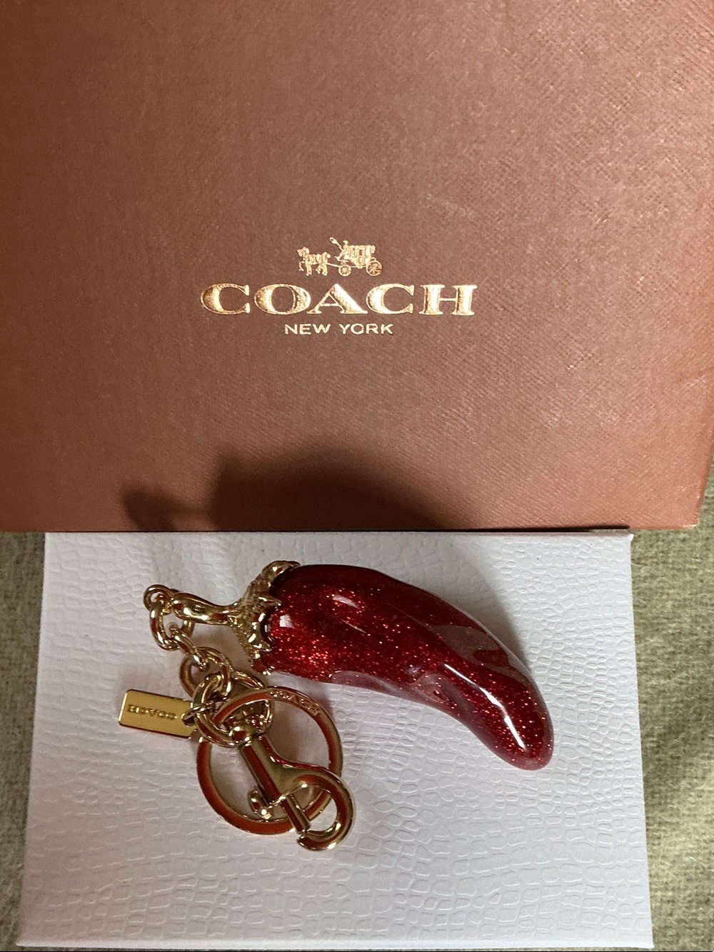 Coach Red Glitter Chili Pepper Keyring with Gold Hardware